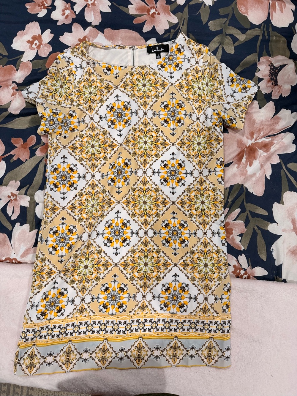 Lulu's Beige White Yellow Patterned Mini Dress